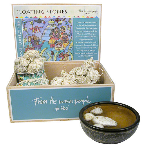 <center>Floating Stones crafted by Artisans in Guatemala </br> 12 Piece Display Box Measures 4” high x 9-3/4” wide x 7-1/2” deep</center>