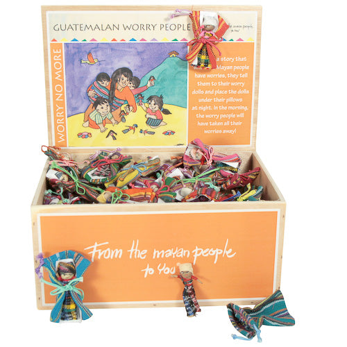 <center>Single Large Worry Dolls in Woven Bags from Guatemala </br> 100 Worry Dolls per Display Box<br> Box Measures 4-3/4” high x 9-3/4” wide x 7-1/2” deep</center>