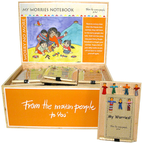 <center>Worry Doll Notepads crafted by Artisans in Guatemala </br> 24 Piece Display Box Measures 5-1/4” high x 11-3/4” wide x 9” deep</center>