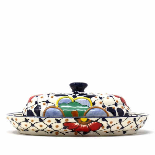 Handmade Pottery Butter Dish, Dots & Flowers - Encantada