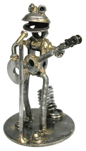 <center>Frog Guitarist Junkyard Critter made by artisans in India</br> Measures 3-1/2" high x 3-1/4" wide x 2-1/2" deep</center> 