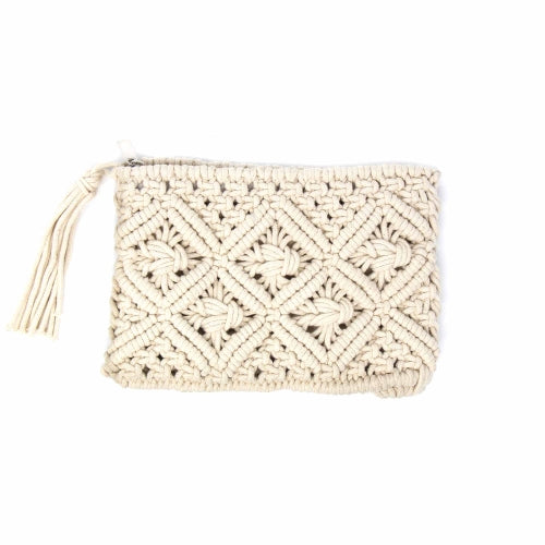 Macrame Clutch with Tassel- Cream