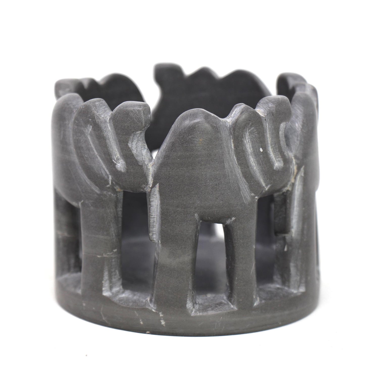 Circle of Elephants Hand-Carve Soapstone Sculpture 3 to 3.5-inch - Dark Stone