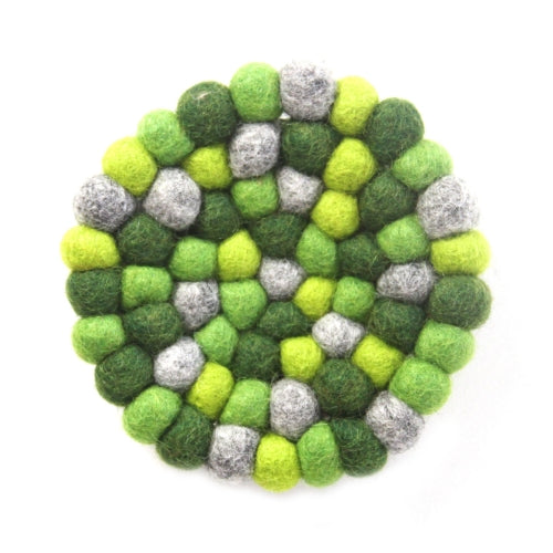 Hand Crafted Felt Ball Trivets from Nepal: Round Chakra, Greens - Global Groove (T)