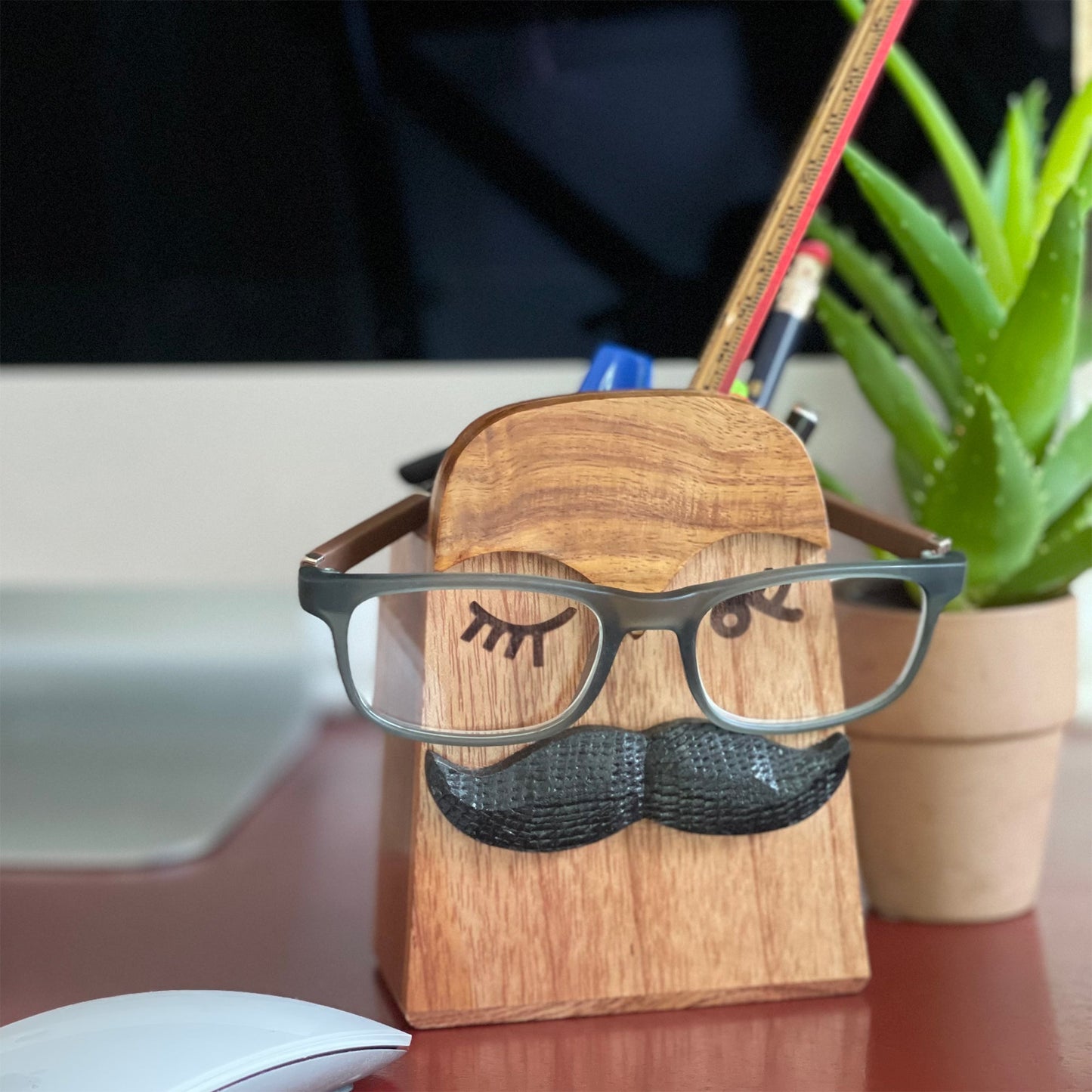 Hand-Carved Moustache Eyeglass and Pen holder Combo -Sheesham Wood-India