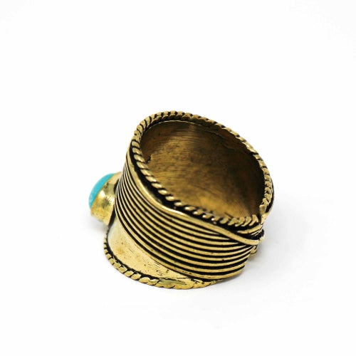 Turquoise Stone & Recycled Brass Ring- Adjustable Size