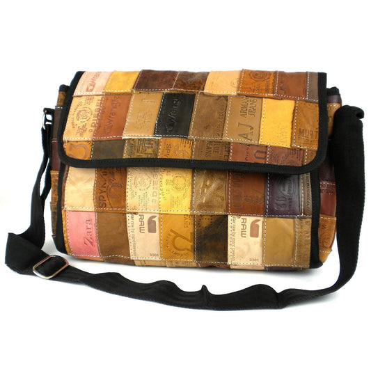 Upcycled Leather Label Butler Bag - Messenger Bag- Fair Trade