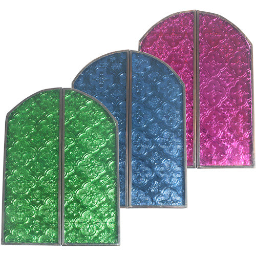 <center>Arched Mirrors w/ Doors of Colored Glass </br>Crafted by artisans in India </br>Measure 8" high x 5-3/4" wide when closed</center>