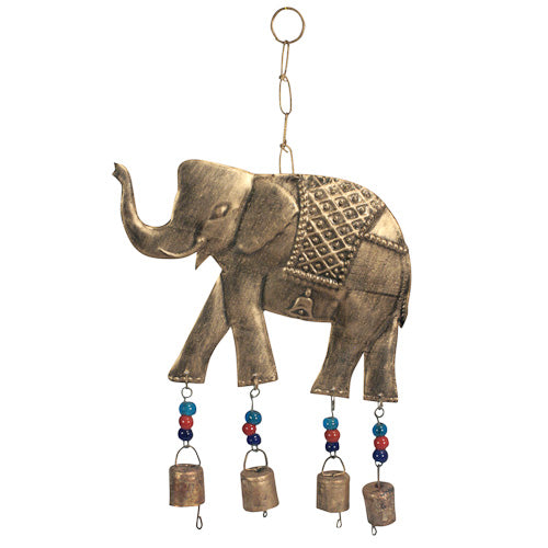 <center>Metal Elephant Chime </br>Crafted by Artisans in India </br>Hangs 15-1/2” tall with 6-1/4” high x 9” wide elephant</center>