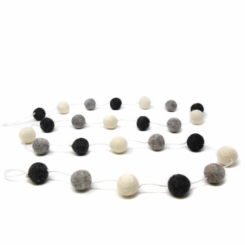 Hand Crafted Felt from Nepal: Pom Pom Garlands, White/Black/Gray