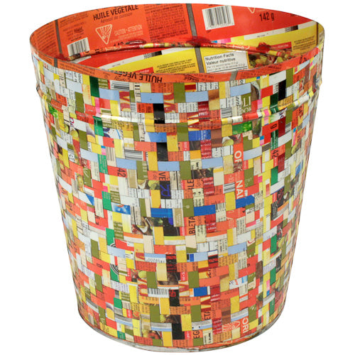 <center>Upcycled Metal Wastebasket </br>Crafted by Artisans in India </br>Measures 11-1/2” high x 11-1/4” top diameter</center>