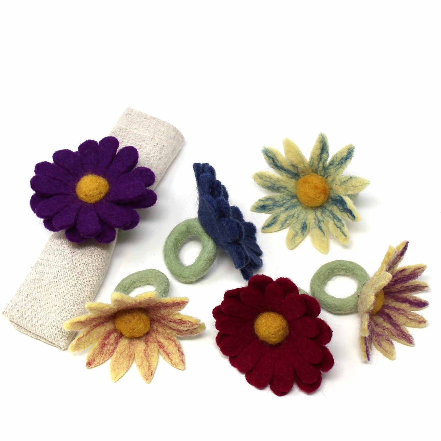 Set of 6 Napkin Rings-Hand Crafted Felt Daisies from Nepal-Assorted Colors