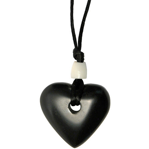 <center>Heart Shaped Coal Pendant </br>Crafted by Artisans in Colombia </br>Measures 1-1/4” high x 1-1/4” wide x 1/4” deep</center>