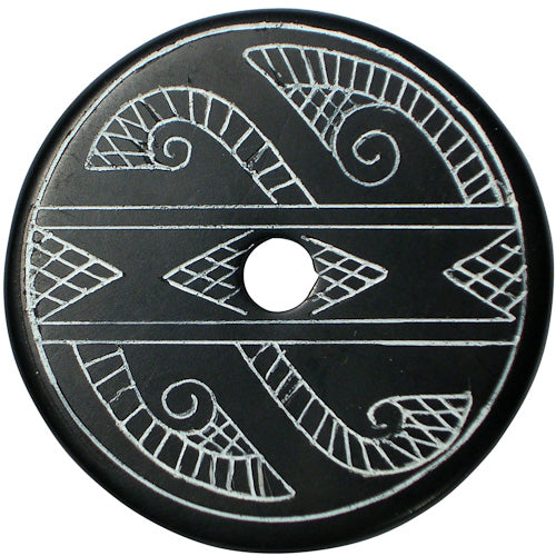 <center>Coal Pendant with Muisca Scroll #10 </br>Crafted by Artisans in Colombia </br>Measures 1-3/4” diameter and 1/8” thick</center>