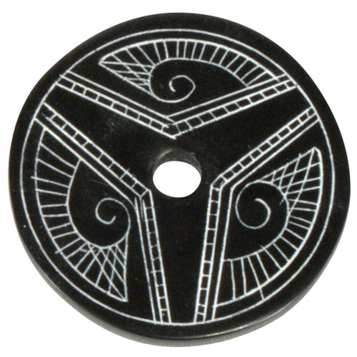 <center>Coal Pendant with Muisca Scroll #2 </br>Crafted by Artisans in Colombia </br>Measures 1-3/4” diameter and 1/8” thick</center>