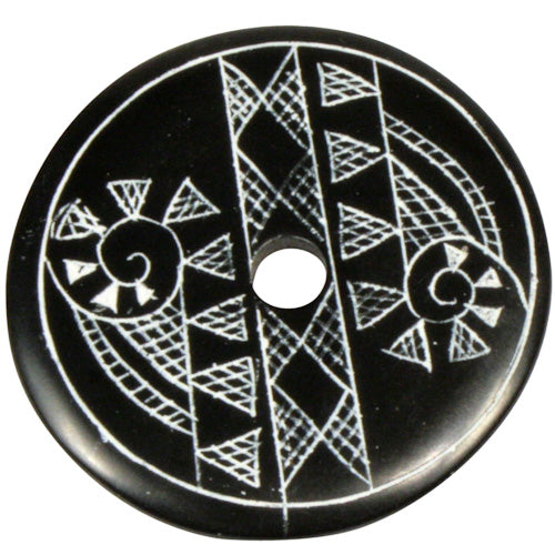 <center>Coal Pendant with Muisca Scroll #5 </br>Crafted by Artisans in Colombia </br>Measures 1-3/4” diameter and 1/8” thick</center>