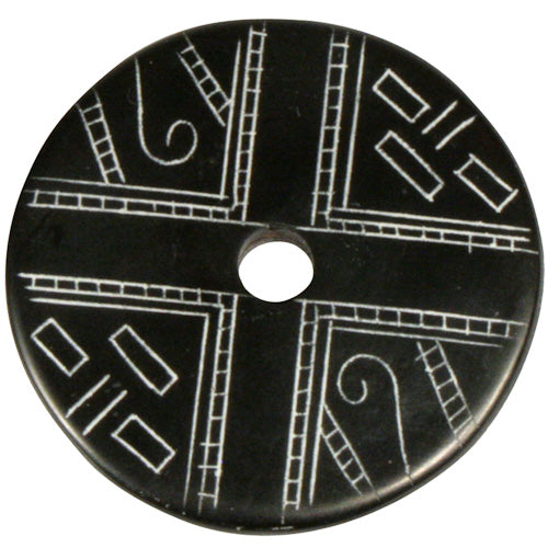 <center>Coal Pendant with Muisca Scroll #7 </br>Crafted by Artisans in Colombia </br>Measures 1-3/4” diameter and 1/8” thick</center>