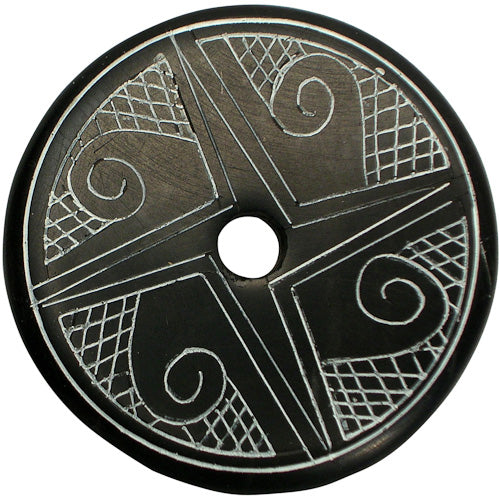 <center>Coal Pendant with Muisca Scroll #8 </br>Crafted by Artisans in Colombia </br>Measures 1-3/4” diameter and 1/8” thick</center>