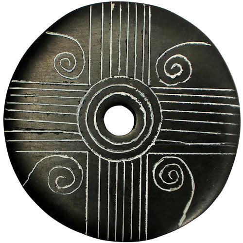 <center>Coal Pendant with Muisca Scroll #9 </br>Crafted by Artisans in Colombia </br>Measures 1-3/4” diameter and 1/8” thick</center>