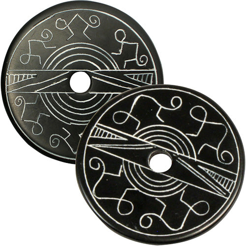 <center>Coal Pendants with Monkey Designs </br>Crafted by Artisans in Colombia </br>Measure 1-3/4” diameter and 1/8” thick</center>