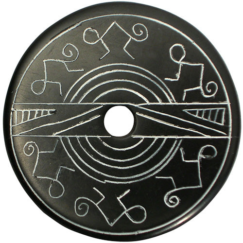 <center>Coal Pendant with Monkey Design #1 </br>Crafted by Artisans in Colombia </br>Measures 1-3/4” diameter and 1/8” thick</center>