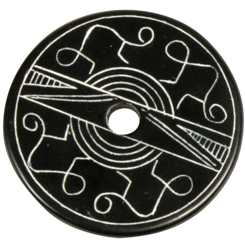 <center>Coal Pendant with Monkey Design #2 </br>Crafted by Artisans in Colombia </br>Measures 1-3/4” diameter and 1/8” thick</center>