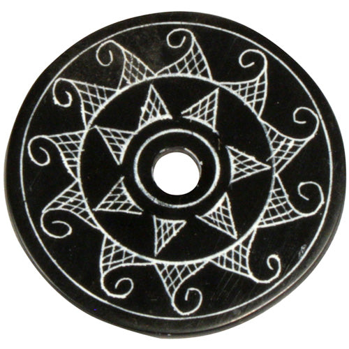 <center>Coal Pendant with Sun Design #1 </br>Crafted by Artisans in Colombia </br>Measures 1-3/4” diameter and 1/8” thick</center>