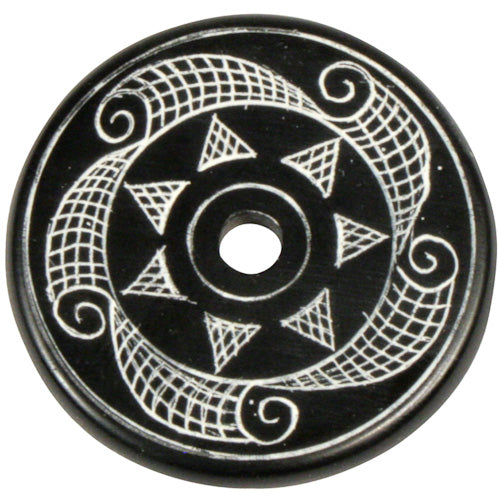 <center>Coal Pendant with Sun Design #3 </br>Crafted by Artisans in Colombia </br>Measures 1-3/4” diameter and 1/8” thick</center>