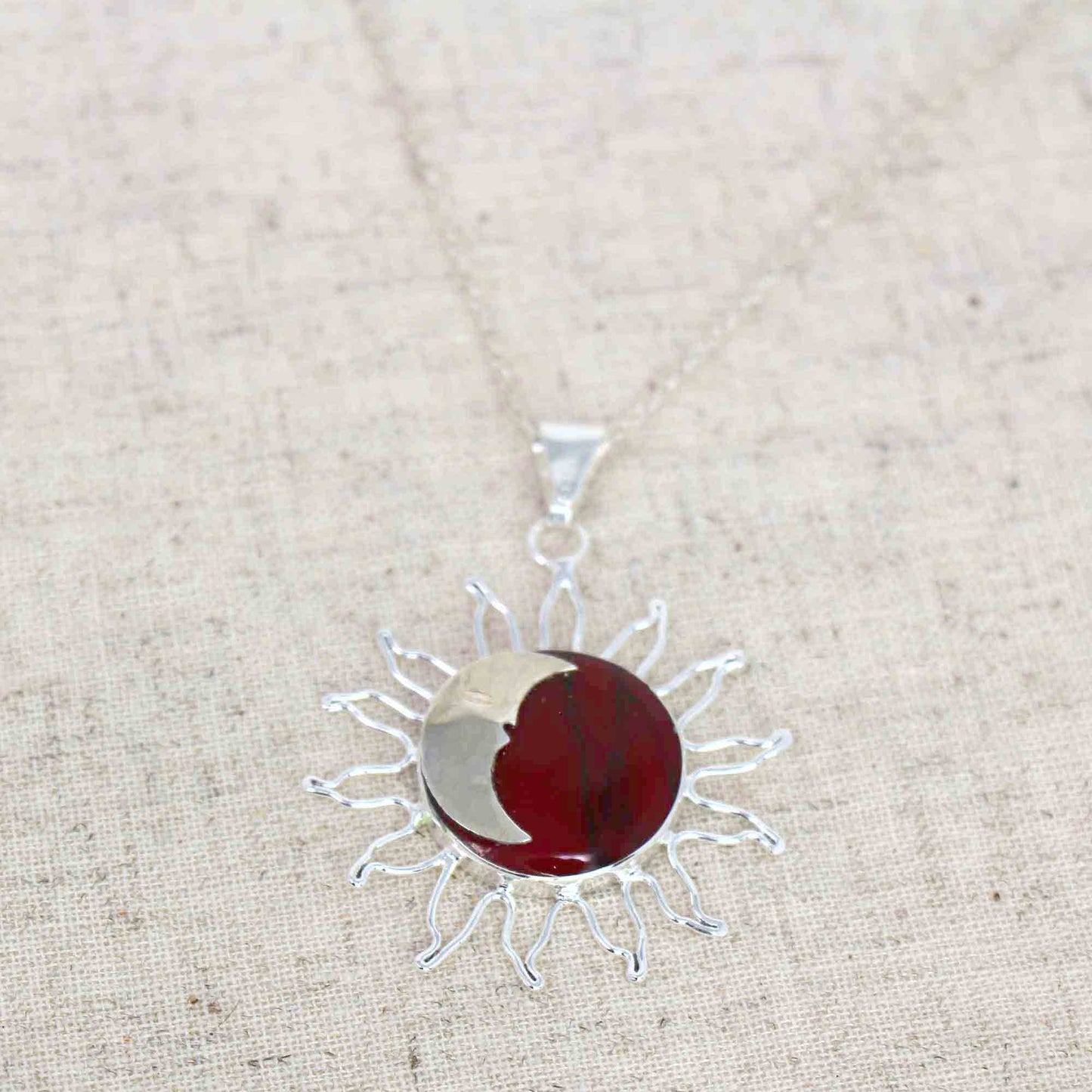 Red Jasper Moon and Silver Sun Pendant with Silver Chain- Fair Trade-Mexico