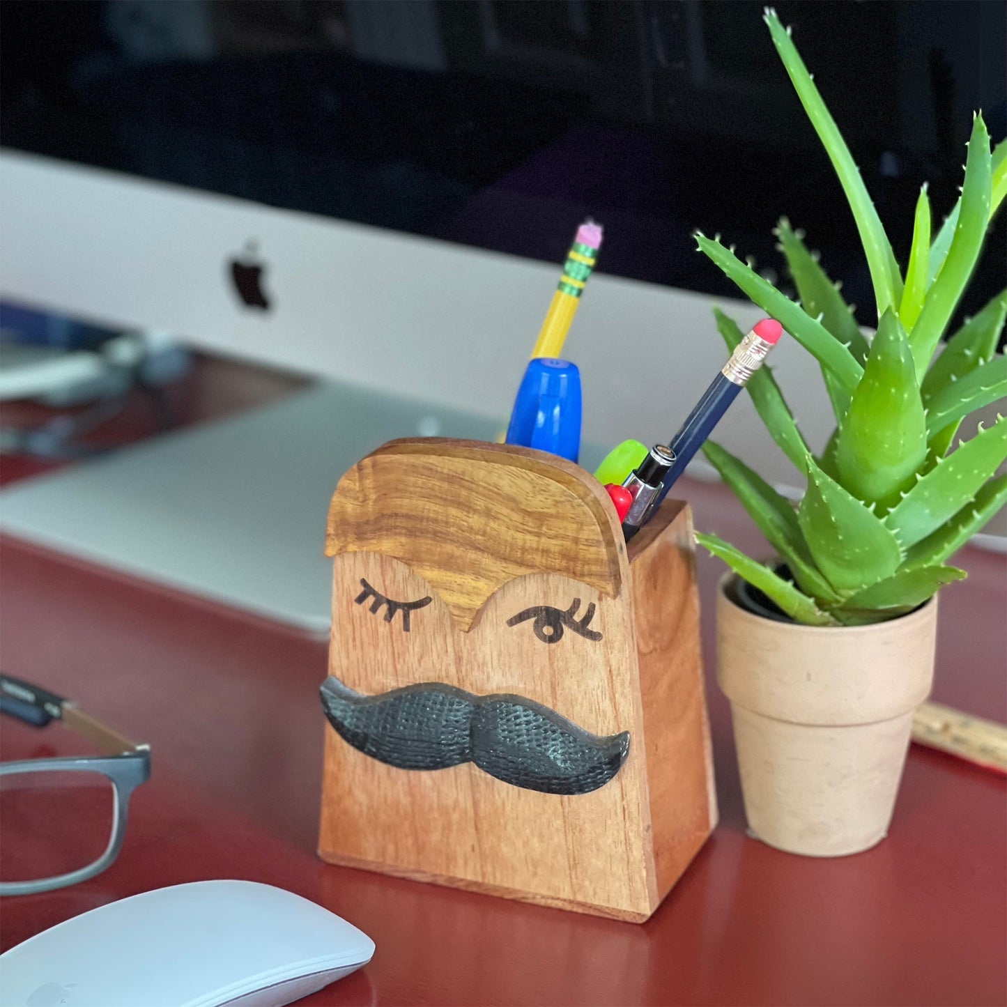 Hand-Carved Moustache Eyeglass and Pen holder Combo -Sheesham Wood-India