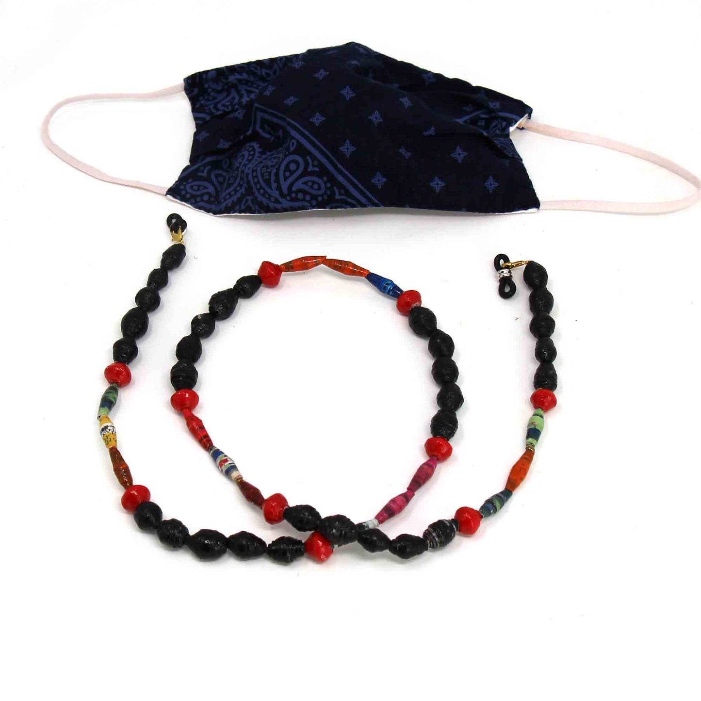 Face Mask/Eyeglass Paper Bead Chain, Black and Red