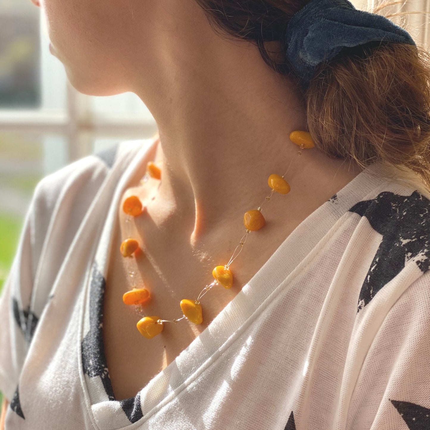 Floating Stone & Maasai Bead Necklace, Pumpkin Spice