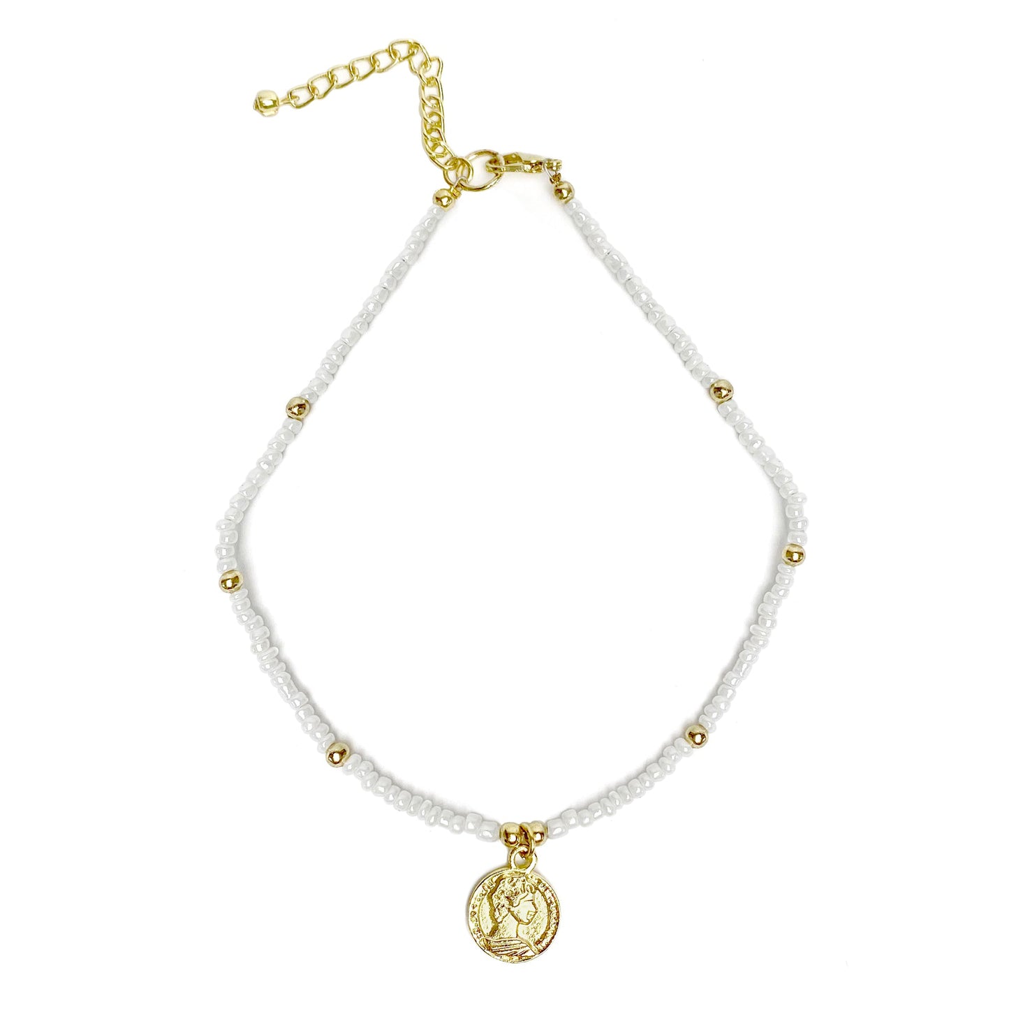 Glass Bead Choker with Brass Coin Pendant-White