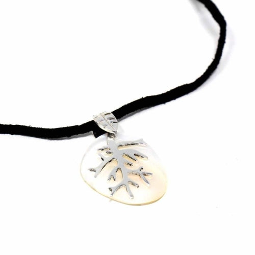 Silver Branches Pendant on Mother of Pearl w/ leather necklace