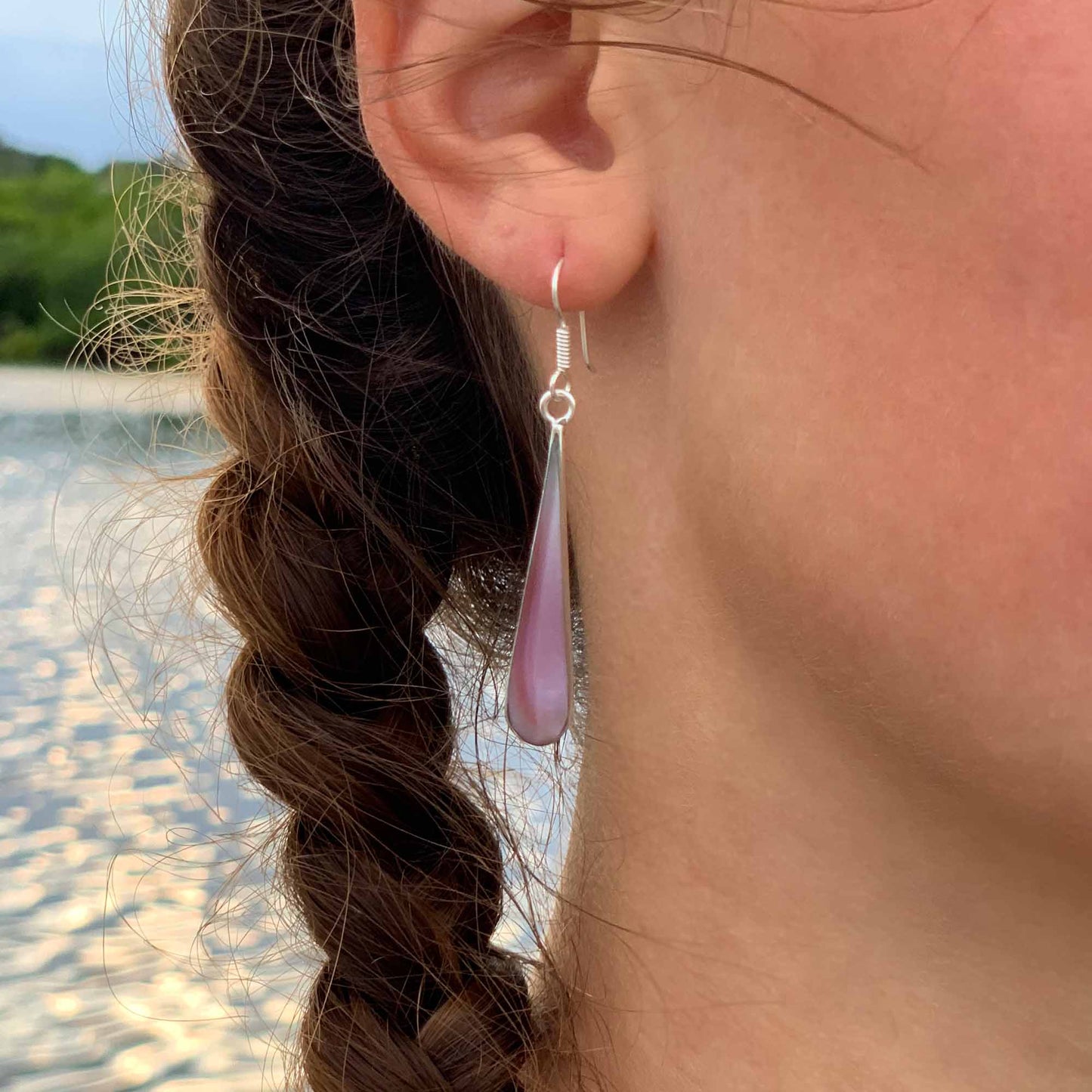 Alpaca Silver and Pink Clam Shell Elongated Teardrop Earrings