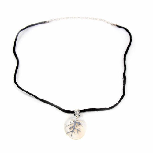 Silver Branches Pendant on Mother of Pearl w/ leather necklace