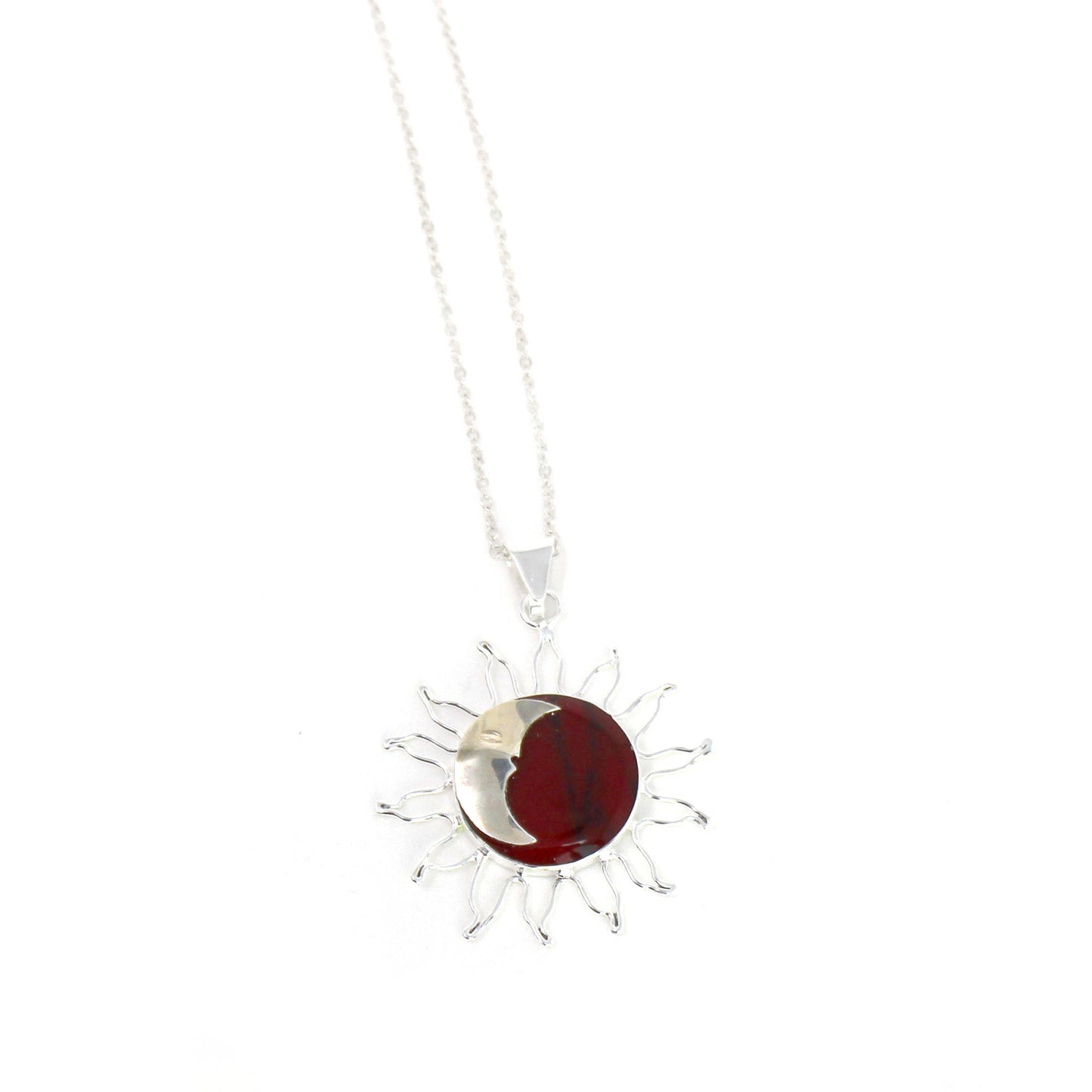 Red Jasper Moon and Silver Sun Pendant with Silver Chain- Fair Trade-Mexico