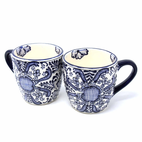 Rounded Mugs - Blue Flowers Pattern, Set of Two - Encantada