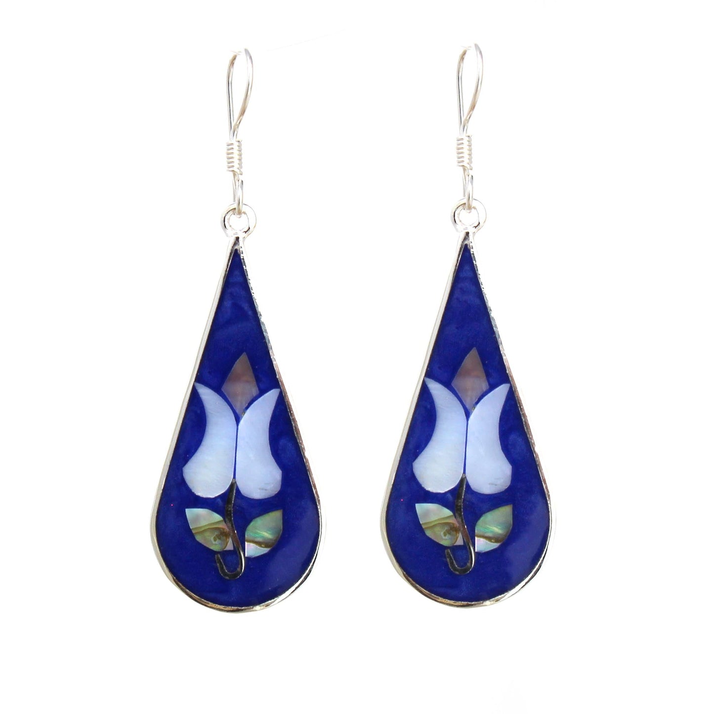 Handmade Alpaca Silver & Abalone Teardrop Earrings- Blue Tulips