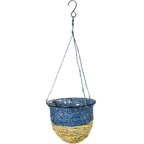 <center>Recycled Candy Wrapper Hanging Basket </br>Crafted by Artisans in India </br>Measures 8” deep x 9-3/4” diameter, with 20” drop on hook</center>