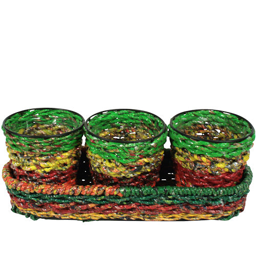 <center>Set of 3 Recycled Candy Wrapper Planters </br>Crafted by Artisans in India </br>Each pot measures 4-1/4” deep x 4” diameter</center>