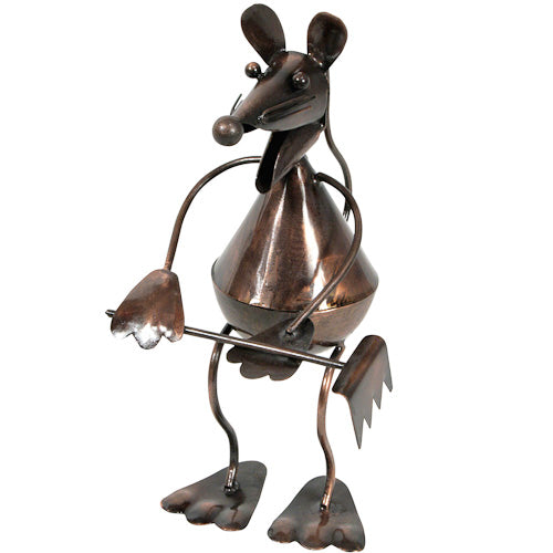 <center>Garden Mouse with Rake, made of recycled metal </br>Crafted by Artisans in India </br>Measures 8” high x 4” wide x 5-1/4” deep</center>