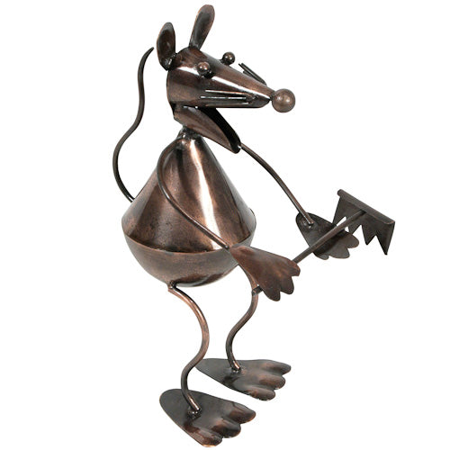 <center>Garden Mouse with Rake - Side View, made of recycled metal </br>Crafted by Artisans in India </br>Measures 8” high x 4” wide x 5-1/4” deep</center>