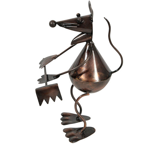 <center>Garden Mouse with Rake - Side View, made of recycled metal </br>Crafted by Artisans in India </br>Measures 8” high x 4” wide x 5-1/4” deep</center>