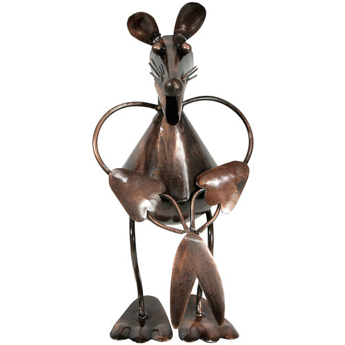 <center>Garden Mouse with Scissors, made of recycled metal - Front View</br>Crafted by Artisans in India </br>Measures 8” high x 4” wide x 6-1/4” deep</center>