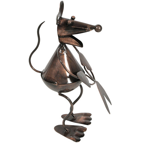 <center>Garden Mouse with Scissors, made of recycled metal - Side View</br>Crafted by Artisans in India </br>Measures 8” high x 4” wide x 6-1/4” deep</center>