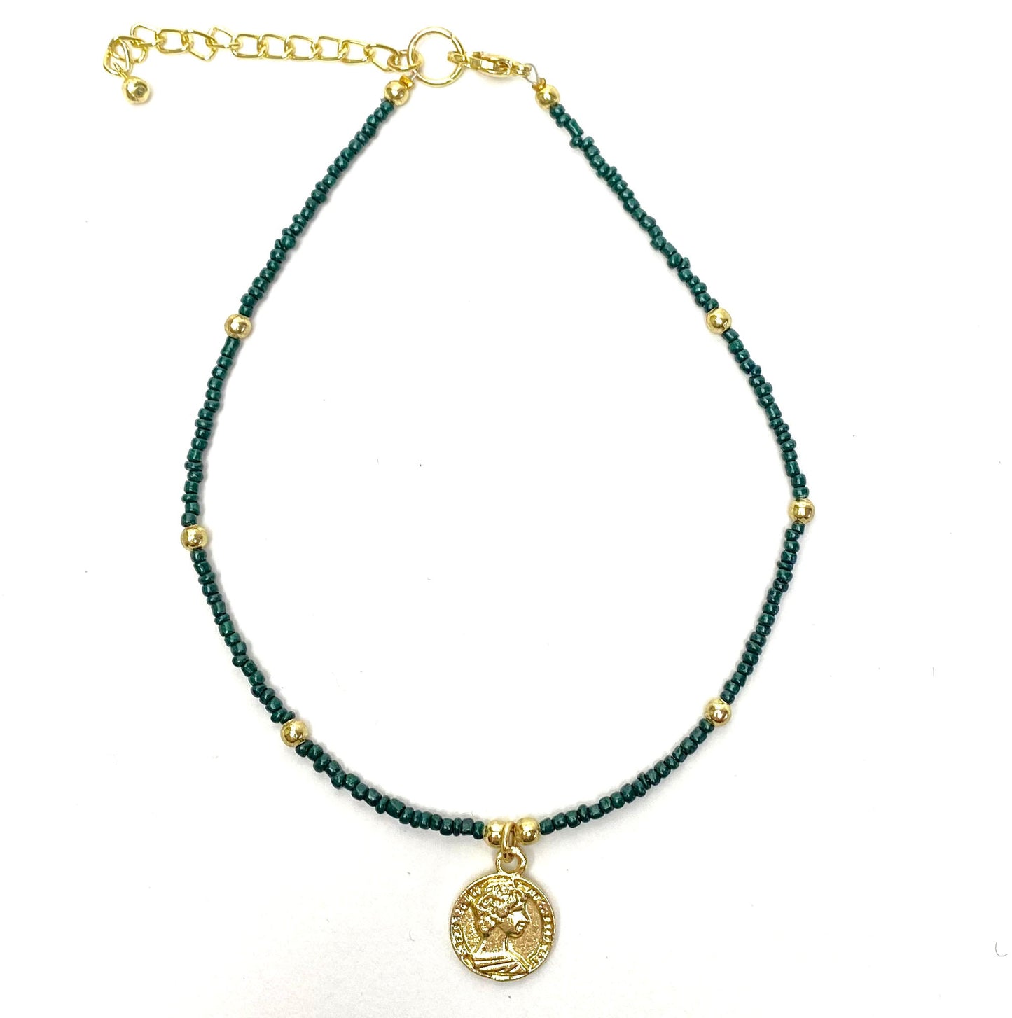 Dark Green Glass Bead Choker with Brass Coin Pendant- Fair Trade