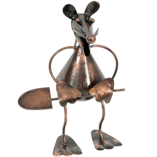 <center>Garden Mouse with Shovel, made of recycled metal - Front View</br>Crafted by Artisans in India </br>Measures 8” high x 4” wide x 6-1/4” deep</center>