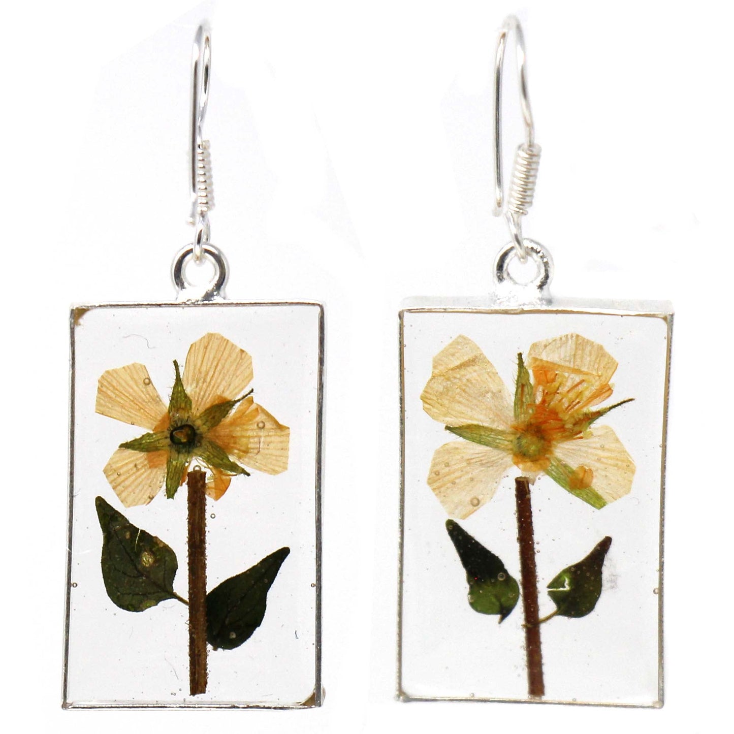 Pendientes colgantes rectangulares de flores amarillas prensadas hechos a mano