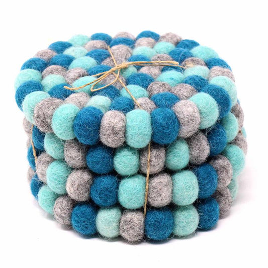 Hand Crafted Felt Ball Coasters from Nepal: 4-pack, Chakra Light Blues - Global Groove